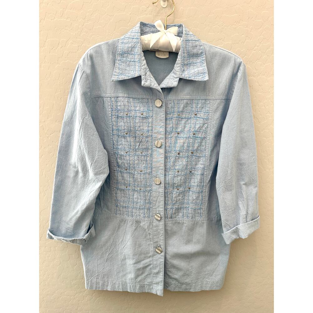 SAINT GERMAIN PARIS Vintage Blue Button Up Shirt Studded Embellished Top Y2K XS